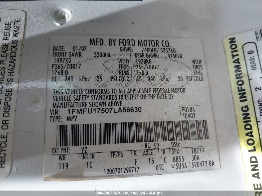 2007 Ford Expedition Eddie Bauer VIN: 1FMFU17507LA56630 Lot: 39679670