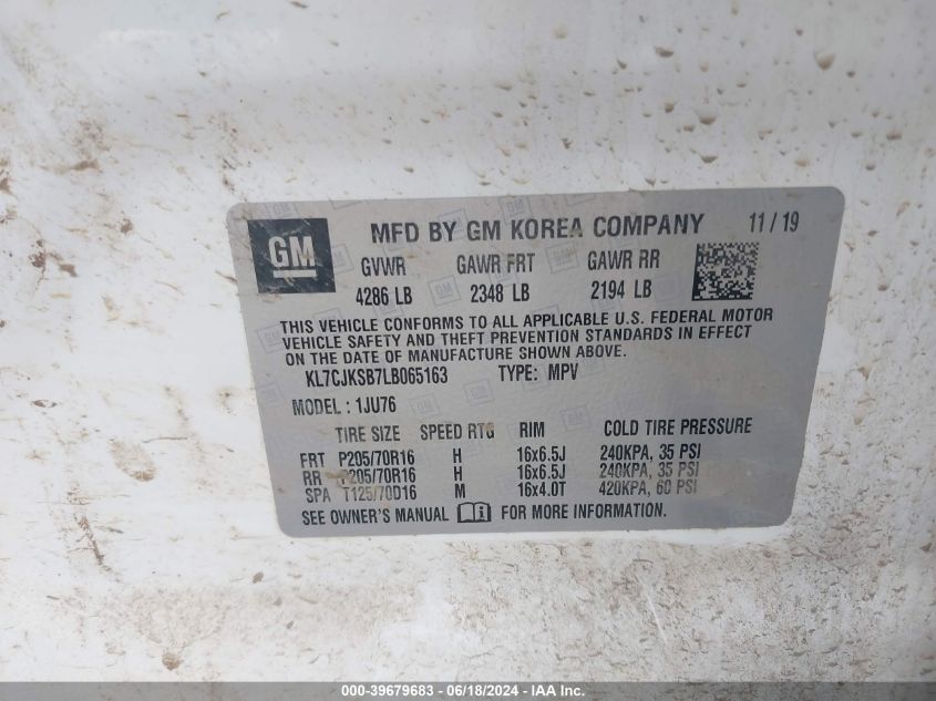 2020 Chevrolet Trax Fwd Ls VIN: KL7CJKSB7LB065163 Lot: 39679683