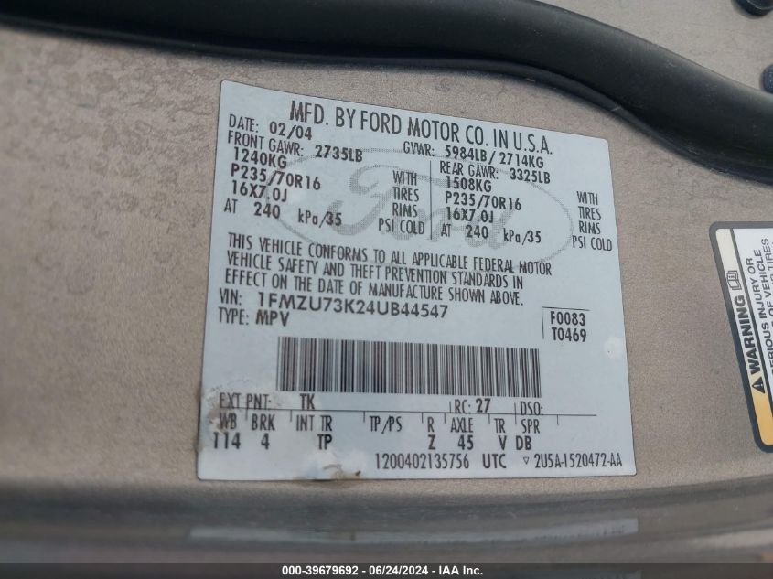 2004 Ford Explorer Nbx/Xlt VIN: 1FMZU73K24UB44547 Lot: 39679692