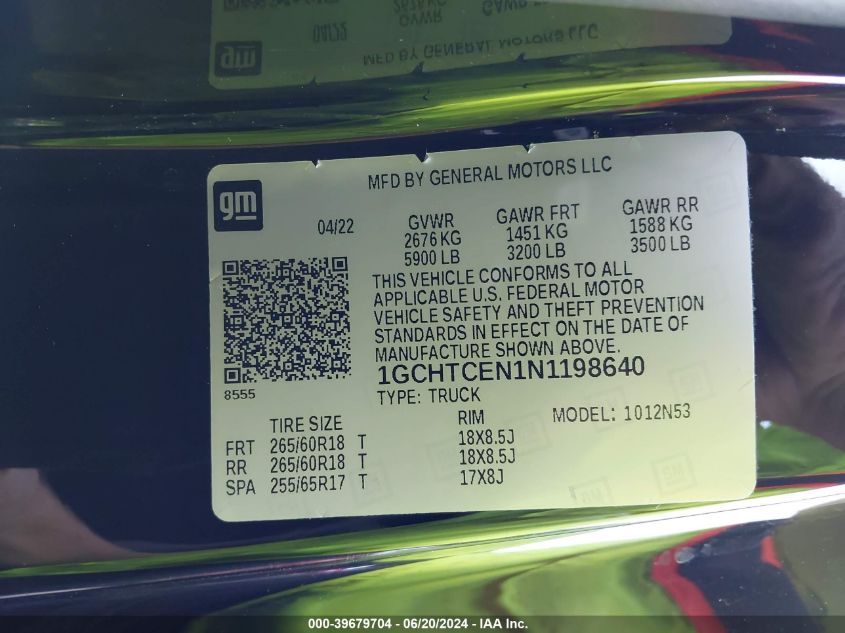 2022 Chevrolet Colorado Lt VIN: 1GCHTCEN1N1198640 Lot: 39679704