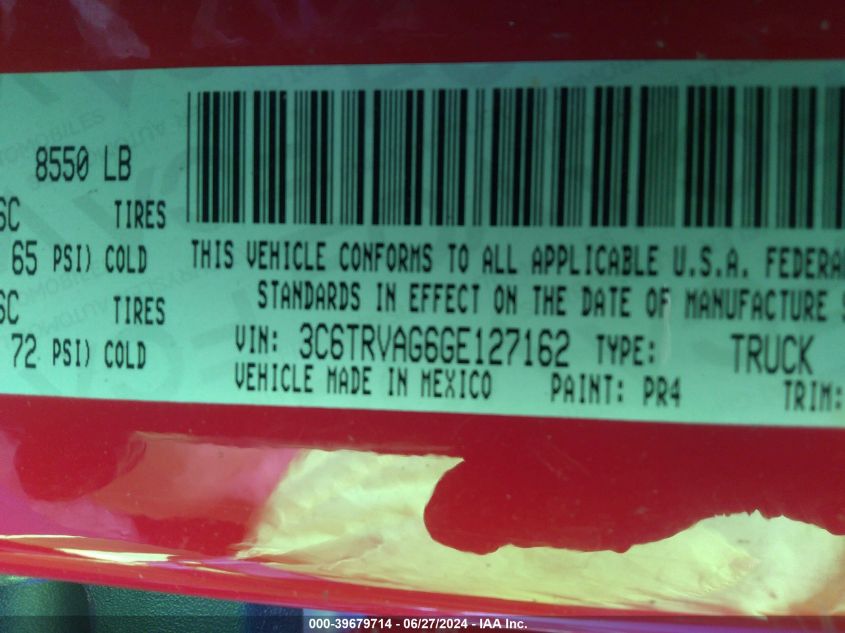 2016 Ram Promaster 1500 Low Roof VIN: 3C6TRVAG6GE127162 Lot: 39679714