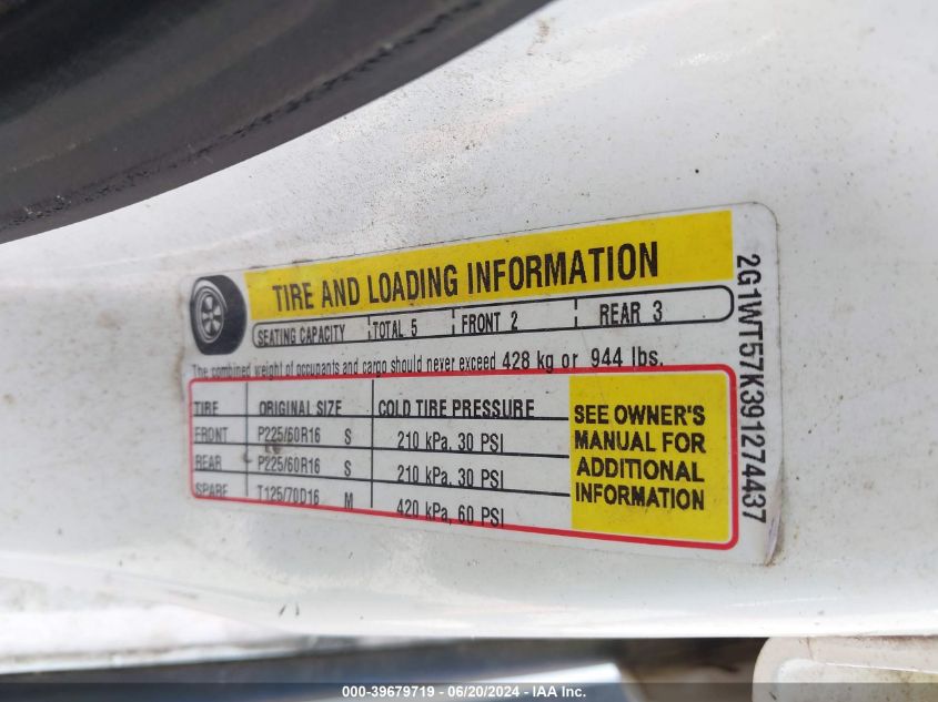 2009 Chevrolet Impala Lt VIN: 2G1WT57K391274437 Lot: 39679719