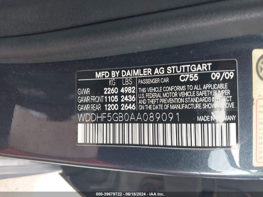 2010 Mercedes-Benz E 350 VIN: WDDHF5GB0AA089091 Lot: 39679722