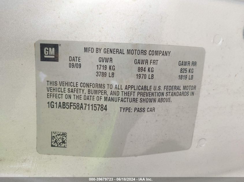 2010 Chevrolet Cobalt Ls VIN: 1G1AB5F58A7115784 Lot: 39679723