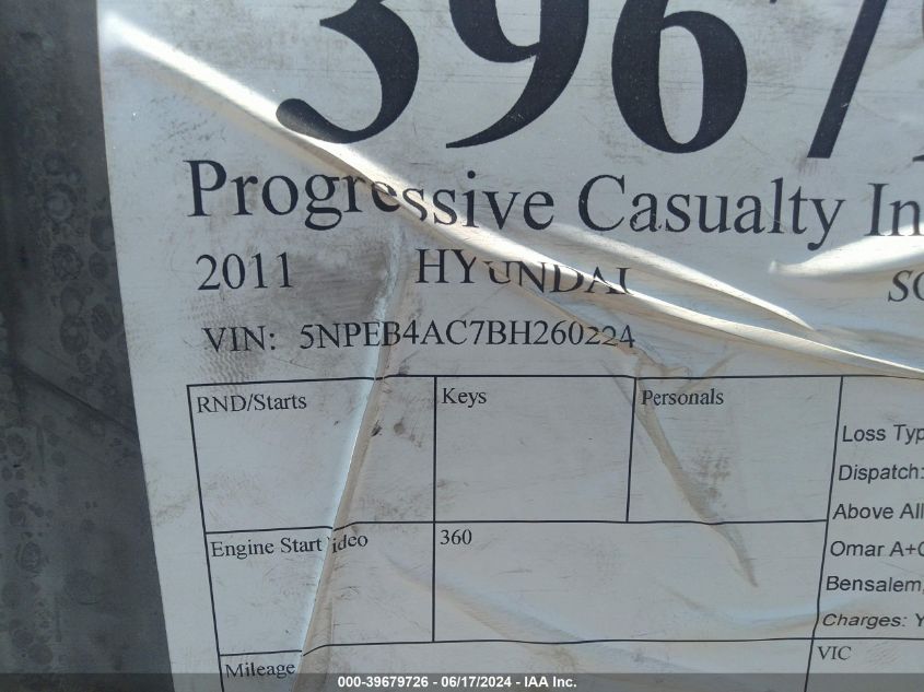 5NPEB4AC7BH260224 2011 Hyundai Sonata Gls