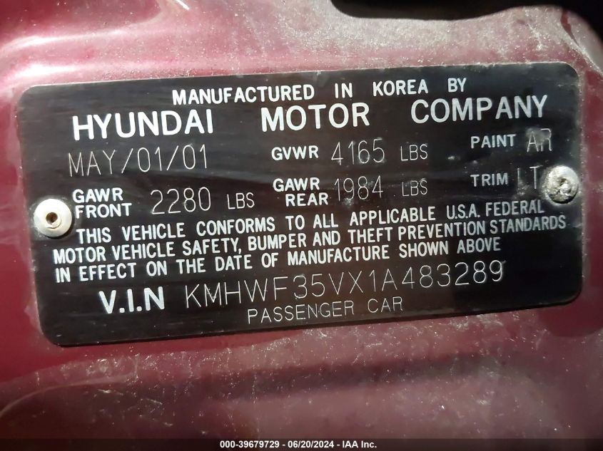 2001 Hyundai Sonata Gls VIN: KMHWF35VX1A483289 Lot: 39679729