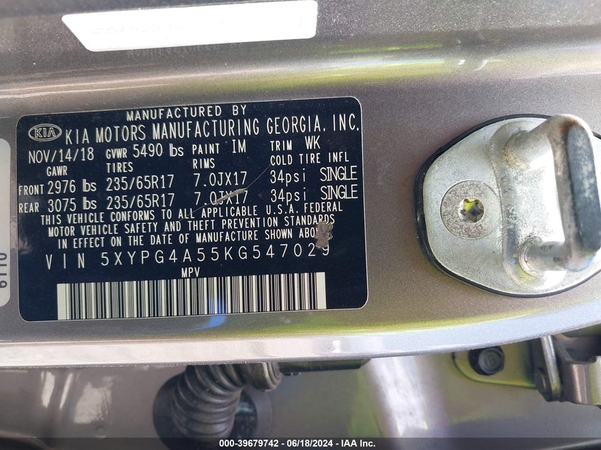 2019 Kia Sorento 3.3L Lx VIN: 5XYPG4A55KG547029 Lot: 39679742