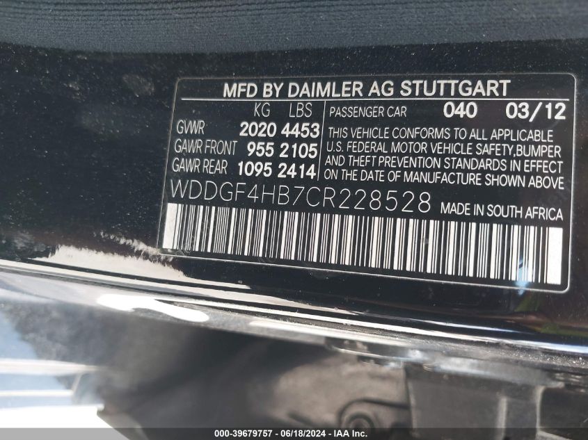 2012 Mercedes-Benz C 250 Luxury/Sport VIN: WDDGF4HB7CR228528 Lot: 39679757