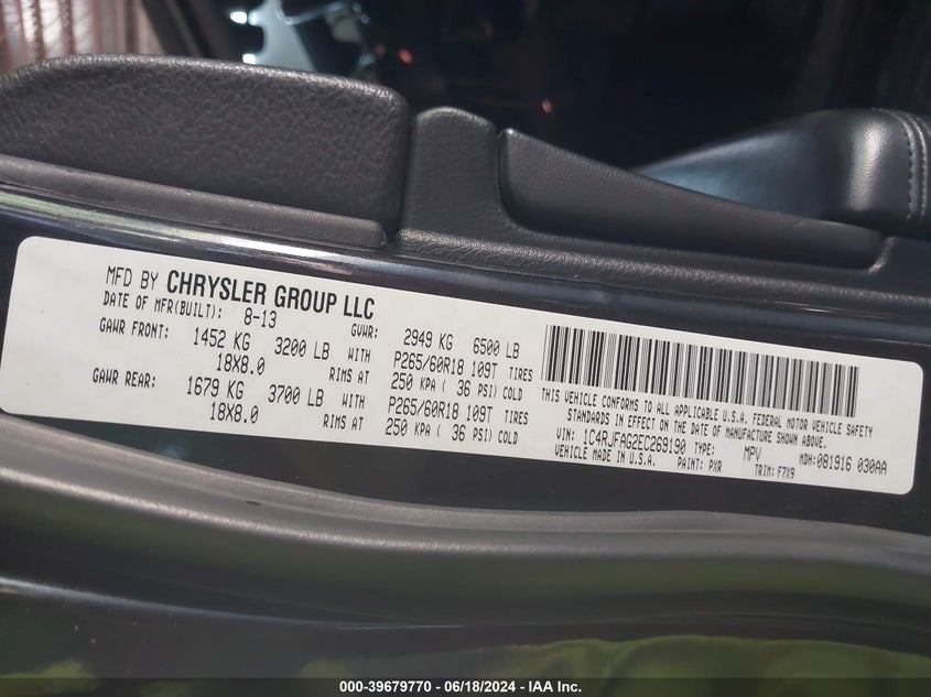 2014 Jeep Grand Cherokee Laredo VIN: 1C4RJFAG2EC269190 Lot: 39679770