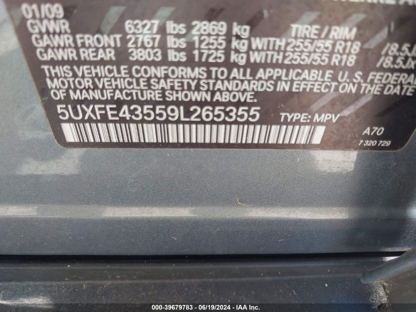 2009 BMW X5 xDrive30I VIN: 5UXFE435596265355 Lot: 39679783