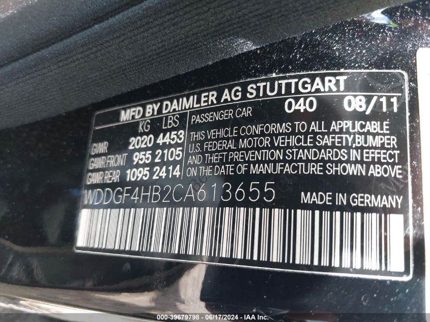 2012 Mercedes-Benz C 250 Luxury/Sport VIN: WDDGF4HB2CA613655 Lot: 39679798