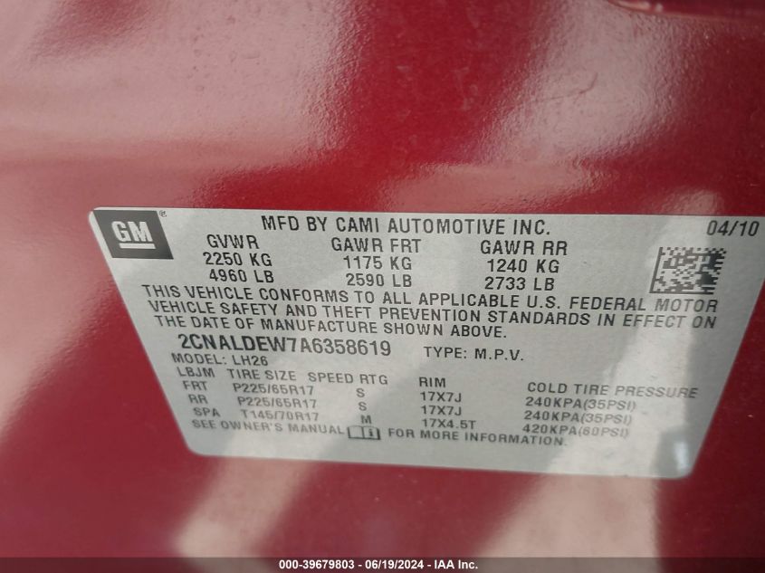 2010 Chevrolet Equinox Lt VIN: 2CNALDEW7A6358619 Lot: 39679803