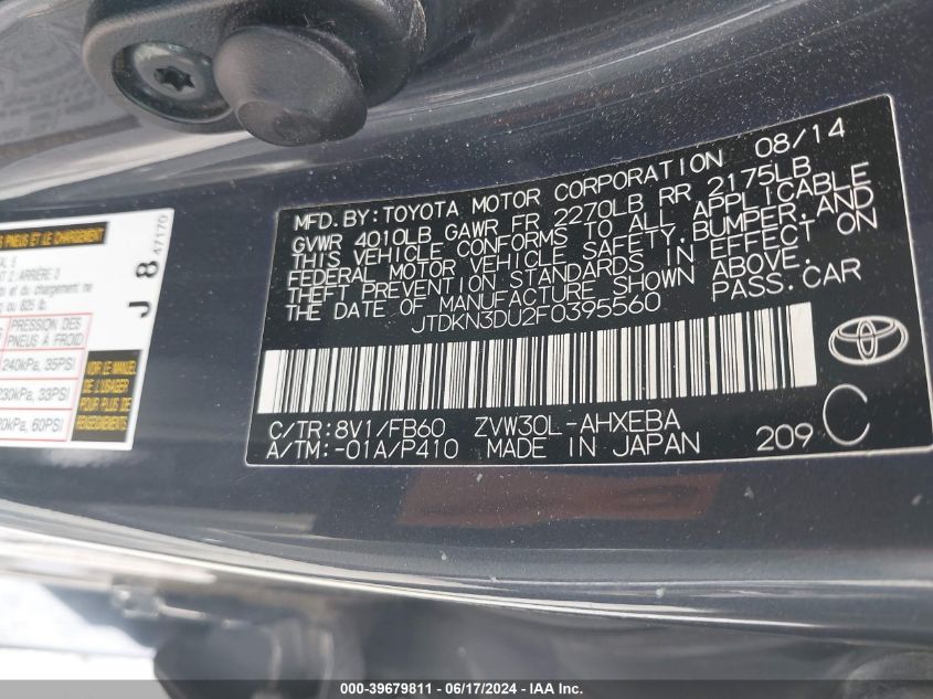 2015 Toyota Prius Two VIN: JTDKN3DU2F0395560 Lot: 39679811