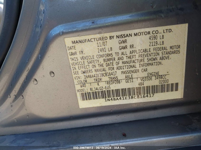 2008 Nissan Maxima 3.5 Sl VIN: 1N4BA41E38C816417 Lot: 39679813