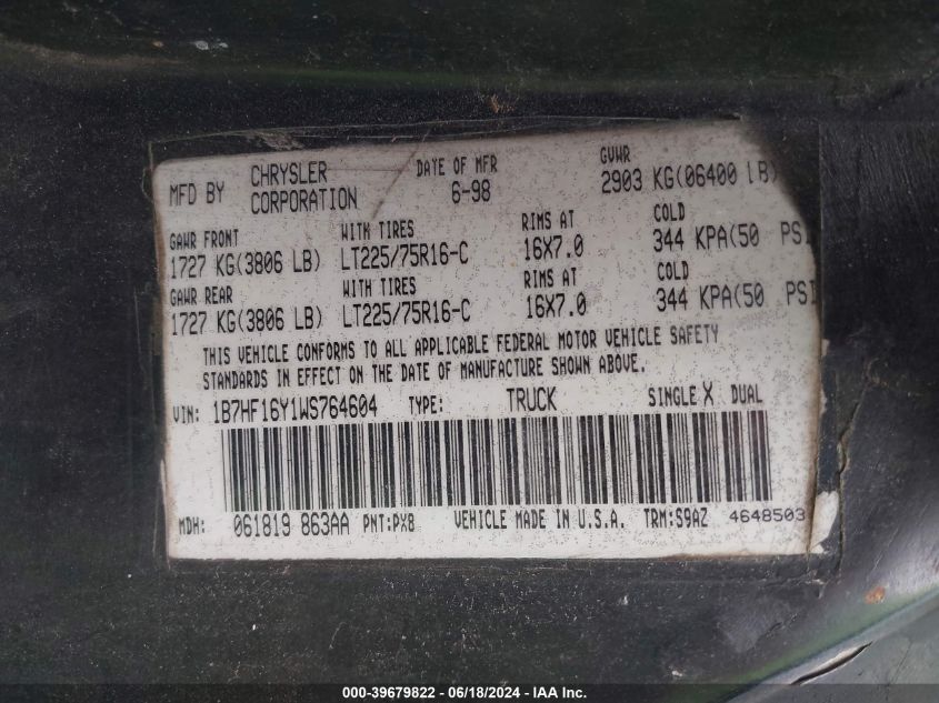 1998 Dodge Ram 1500 St VIN: 1B7HF16Y1WS764604 Lot: 39679822