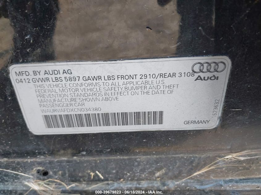 2012 Audi A8 L 4.2 VIN: WAURVAFDXCN034380 Lot: 39679823