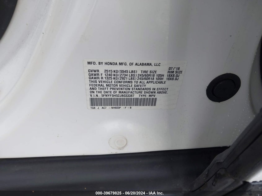 VIN 5FNYF5H52JB033387 2018 HONDA PILOT EX-L