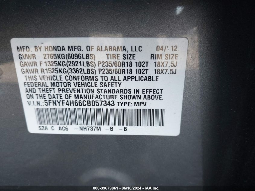 2012 Honda Pilot Ex-L VIN: 5FNYF4H66CB057343 Lot: 39679861