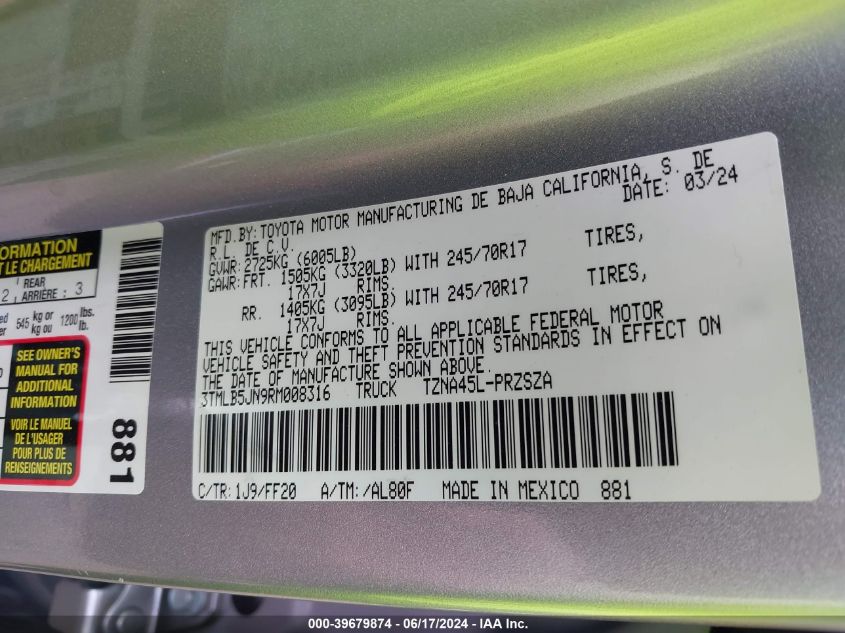 2024 Toyota Tacoma Sr5 VIN: 3TMLB5JN9RM008316 Lot: 39679874