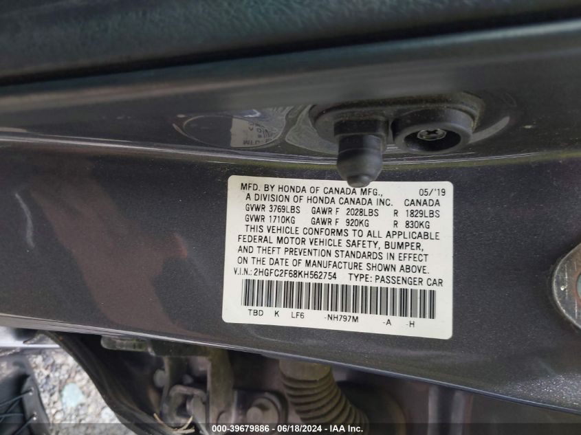 2019 Honda Civic Lx VIN: 2HGFC2F68KH562754 Lot: 39679886