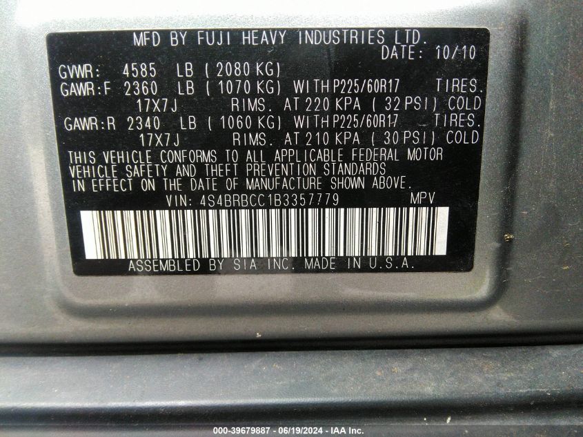 2011 Subaru Outback 2.5I Premium VIN: 4S4BRBCC1B3357779 Lot: 39679887