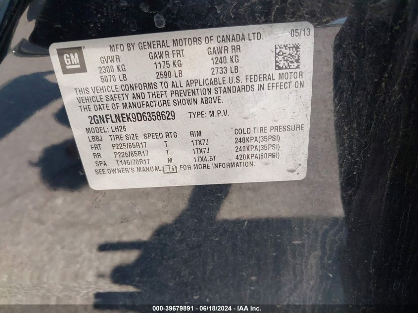 2013 Chevrolet Equinox 2Lt VIN: 2GNFLNEK9D6358629 Lot: 39679891