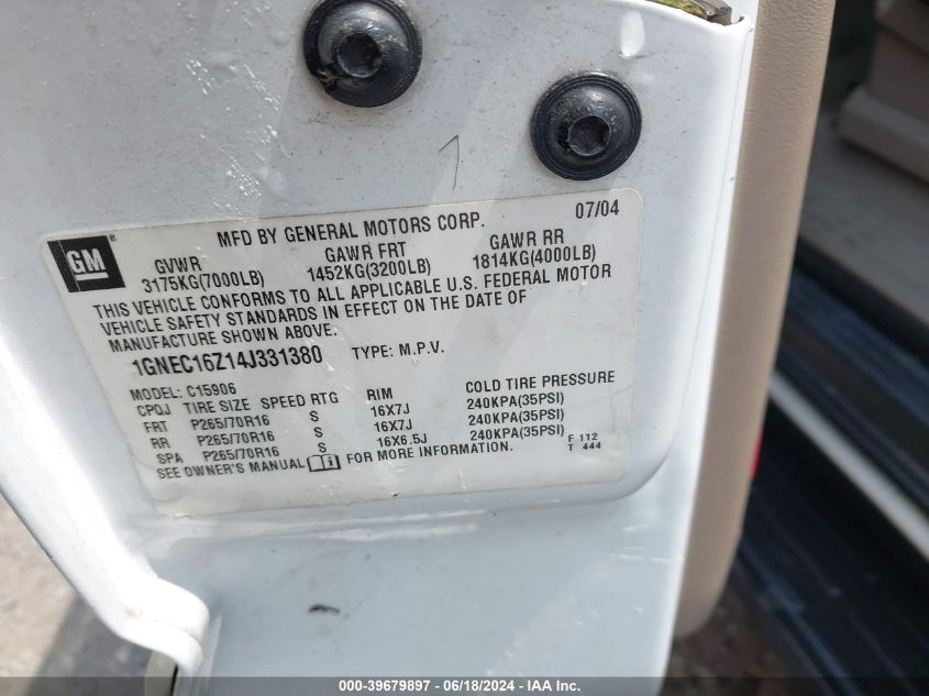 2004 Chevrolet Suburban 1500 Lt VIN: 1GNEC16Z14J331380 Lot: 39679897