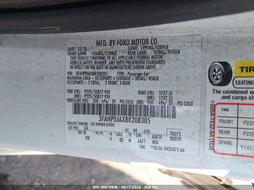 2011 Ford Fusion Sel VIN: 3FAHP0JAXBR208305 Lot: 39679906