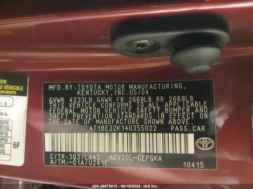 2004 Toyota Camry Xle VIN: 4T1BE32K14U355022 Lot: 39679915