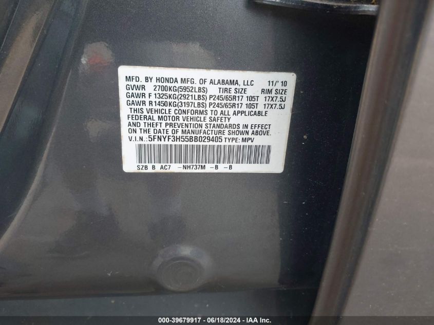 2011 Honda Pilot Ex-L VIN: 5FNYF3H55BB029405 Lot: 39679917