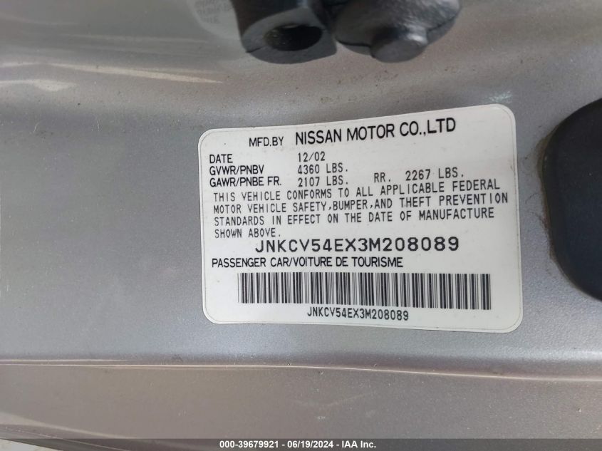 2003 Infiniti G35 Base W/Leather VIN: JNKCV54EX3M208089 Lot: 39679921