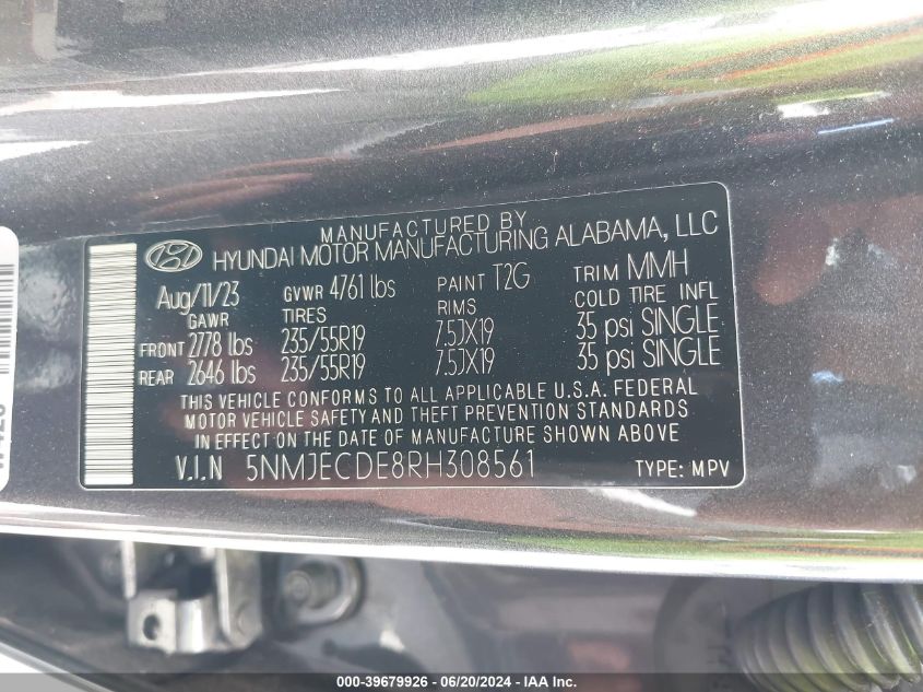 2024 Hyundai Tucson Limited VIN: 5NMJECDE8RH308561 Lot: 39679926