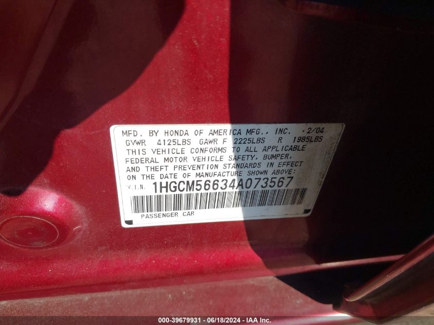 2004 Honda Accord 2.4 Ex VIN: 1HGCM56634A073567 Lot: 39679931