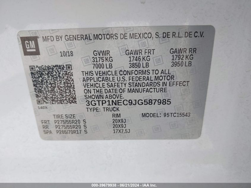 2018 GMC Sierra 1500 Slt VIN: 3GTP1NEC9JG587985 Lot: 39679938