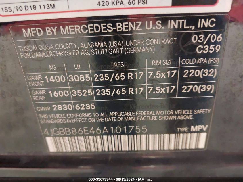 2006 Mercedes-Benz Ml 350 4Matic VIN: 4JGBB86E46A101755 Lot: 39679944