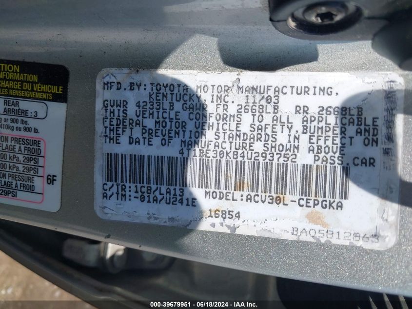 2004 Toyota Camry Xle VIN: 4T1BE30K84U293752 Lot: 39679951