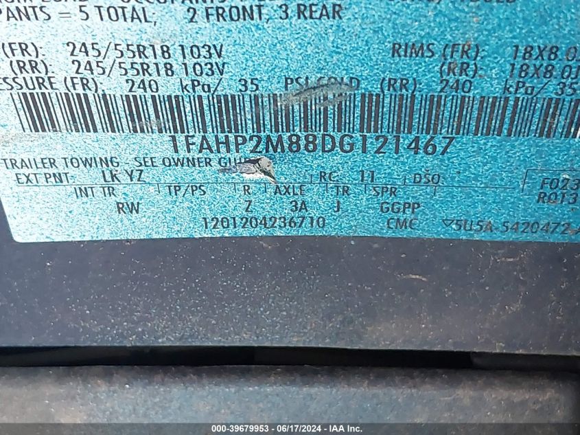 2013 Ford Police Interceptor VIN: 1FAHP2M88DG121467 Lot: 39679953