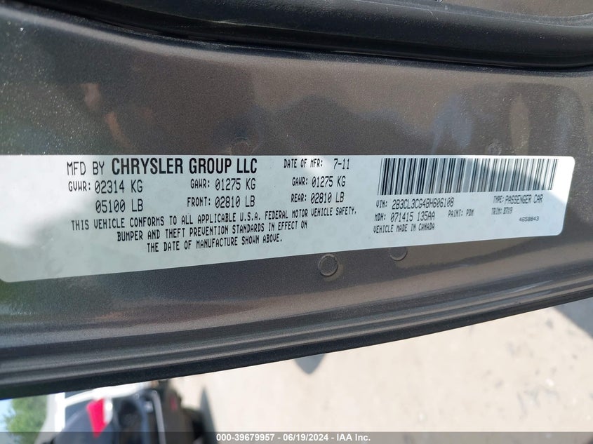 2011 Dodge Charger VIN: 2B3CL3CG4BH606108 Lot: 39679957