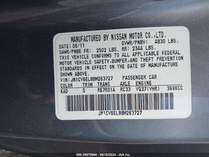 2011 Infiniti G37X VIN: JN1CV6EL8BM263727 Lot: 39679960
