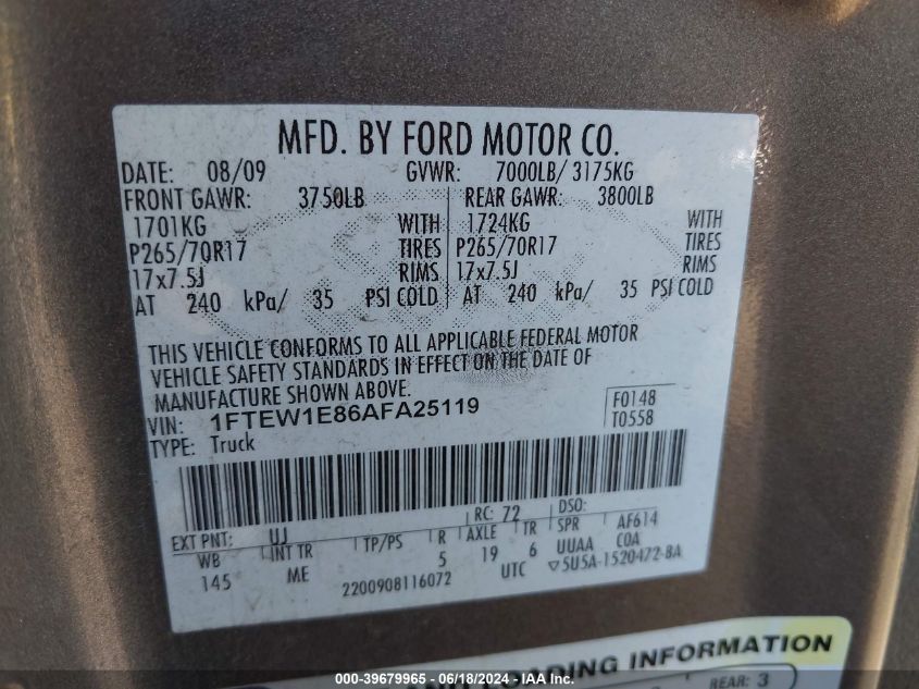 2010 Ford F-150 Xl/Xlt VIN: 1FTEW1E86AFA25119 Lot: 39679965