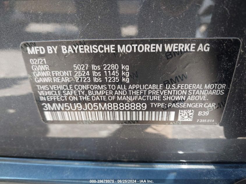 2021 BMW M340Xi VIN: 3MW5U9J05M8B88889 Lot: 39679975