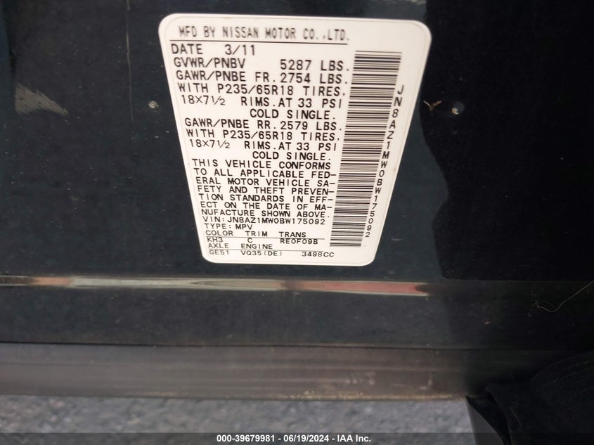 2011 Nissan Murano Sl VIN: JN8AZ1MW0BW175092 Lot: 39679981