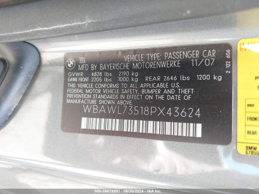 2008 BMW 335 I VIN: WBAWL73518PX43624 Lot: 39679991