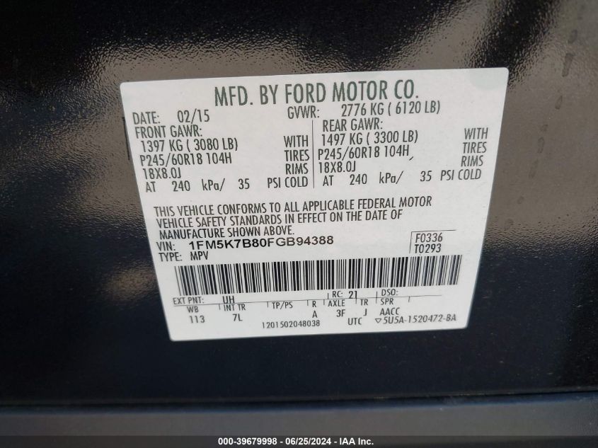 2015 Ford Explorer VIN: 1FM5K7B80FGB94388 Lot: 39679998