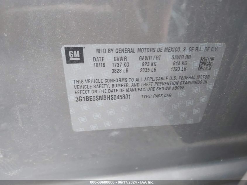 2017 Chevrolet Cruze Lt Auto VIN: 3G1BE6SM3HS545801 Lot: 39680006