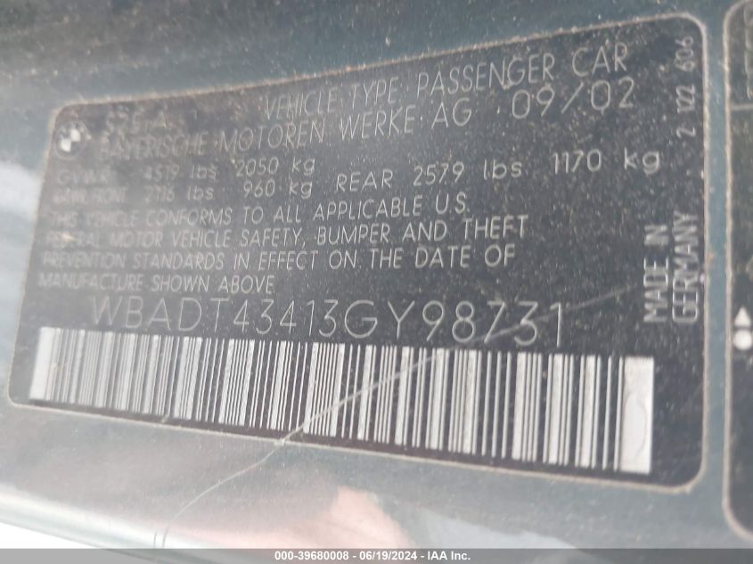 2003 BMW 525Ia VIN: WBADT43413GY98731 Lot: 39680008