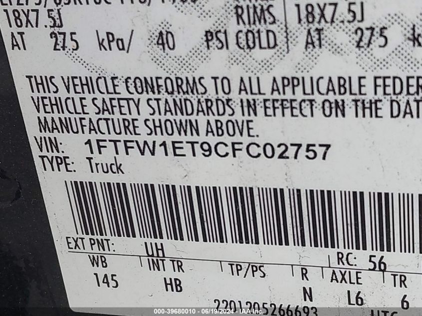 2012 Ford F-150 Supercrew VIN: 1FTFW1ET9CFC02757 Lot: 39680010