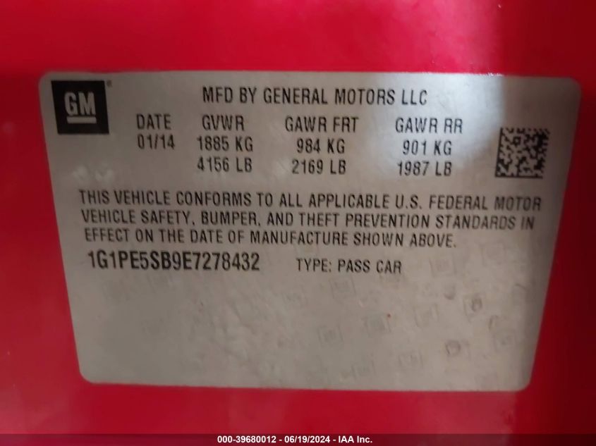 2014 Chevrolet Cruze Lt VIN: 1G1PE5SB9E7278432 Lot: 39680012