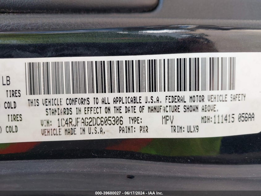 2013 Jeep Grand Cherokee Laredo VIN: 1C4RJFAG2DC605306 Lot: 39680027