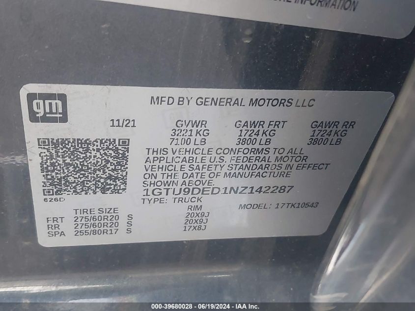 1GTU9DED1MZ142287 2021 GMC Sierra K1500 Slt